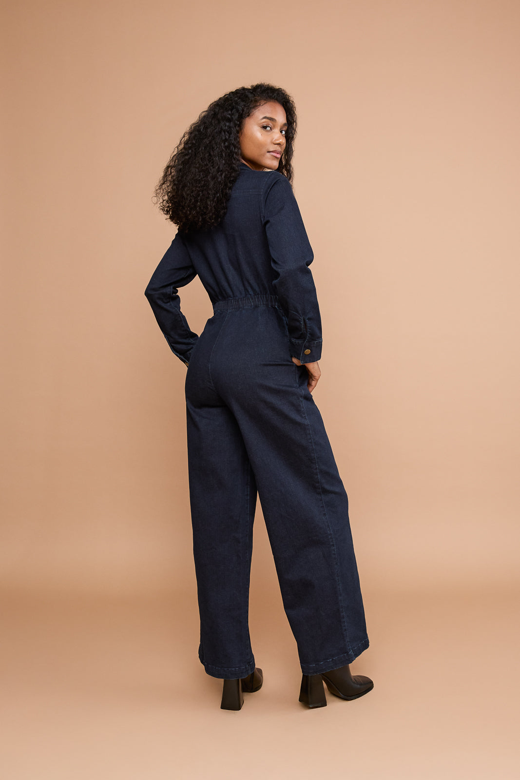 Midnight Denim Long-Sleeve Jumpsuit