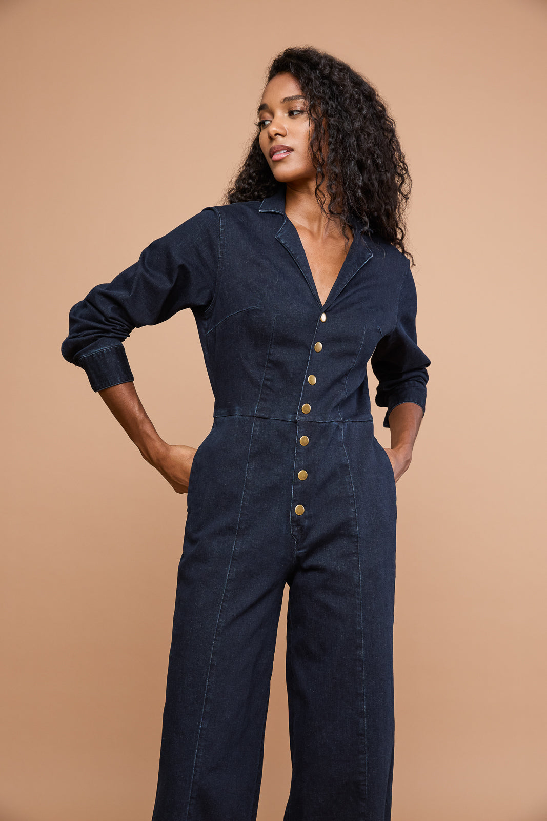 Midnight Denim Long-Sleeve Jumpsuit