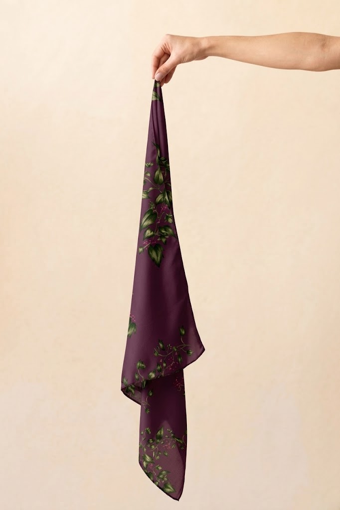 A hand holding a dark purple silk scarf with a green floral pattern against a solid beige background.