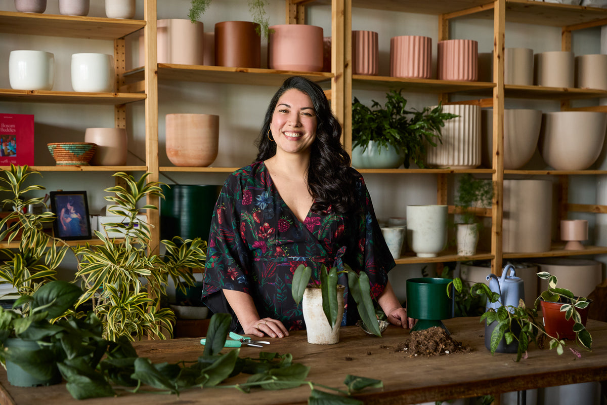 Woman smiling in Maxi Dress in Juniper.