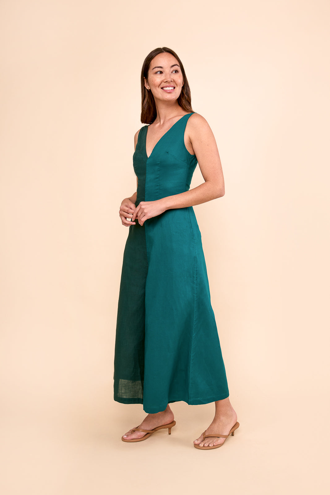 Wide Leg Linen Jumpsuit in Teal & Peacock