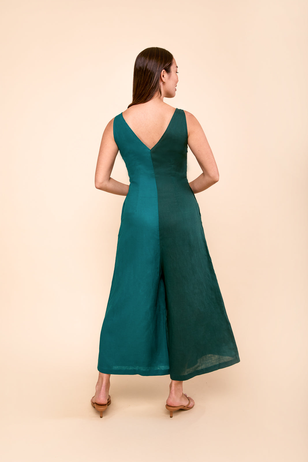 Wide Leg Linen Jumpsuit in Teal & Peacock