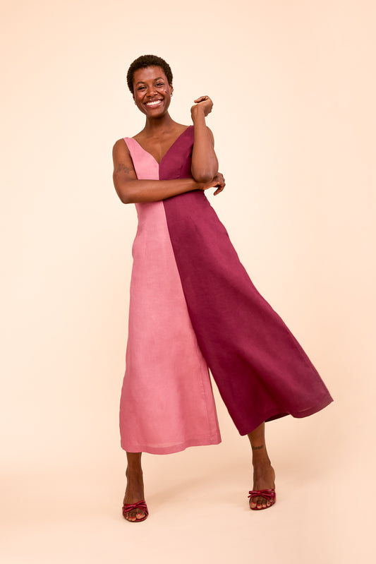 Wide Leg Linen Jumpsuit in Rose & Plum