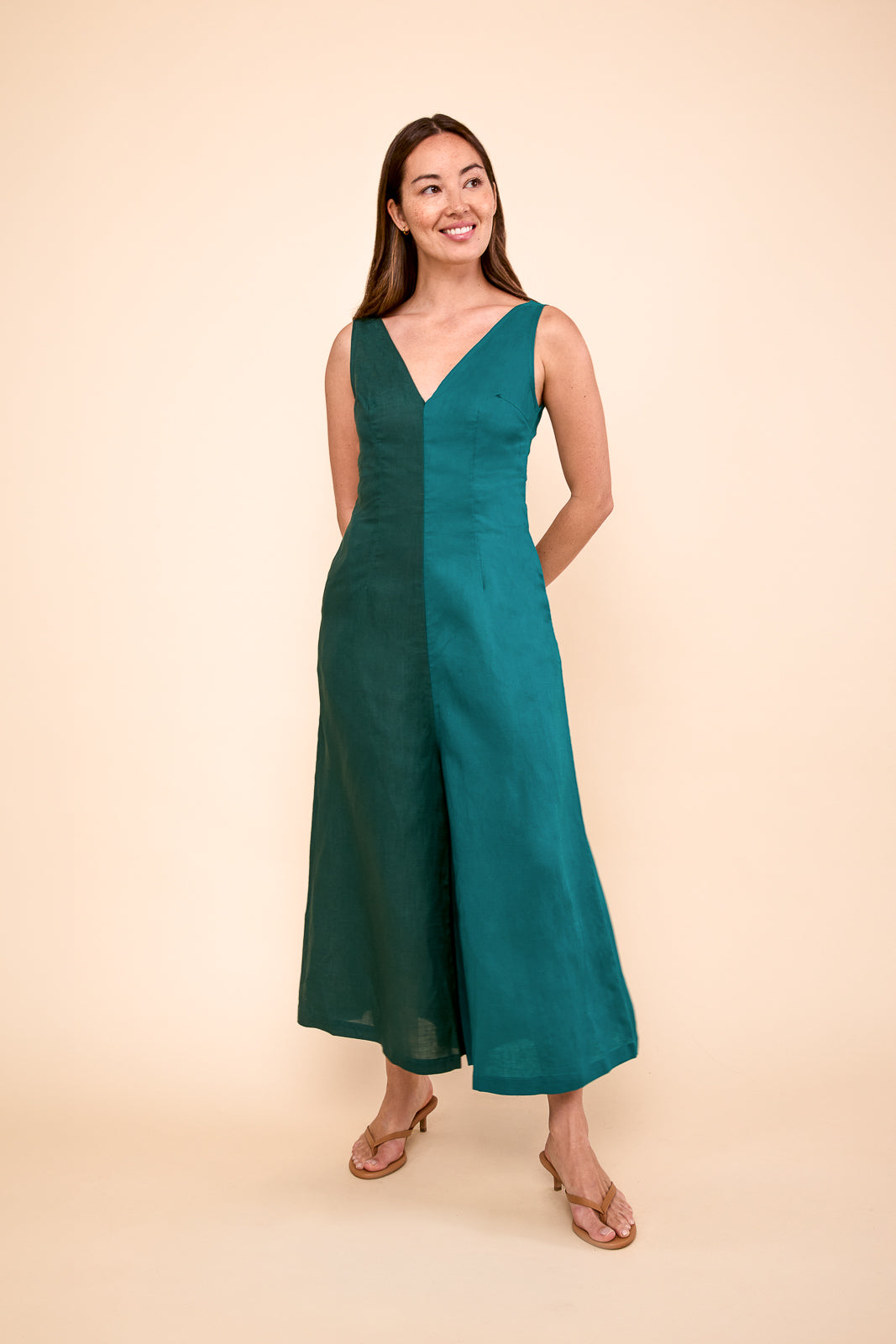 Wide Leg Linen Jumpsuit in Teal & Peacock