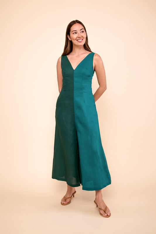 Wide Leg Linen Jumpsuit in Teal & Peacock