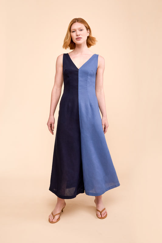 Wide Leg Linen Jumpsuit in Cerulean