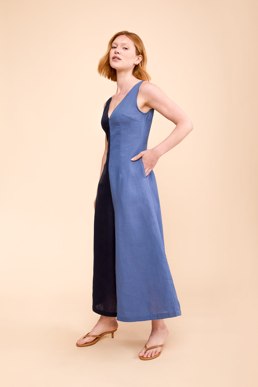 Wide Leg Linen Jumpsuit in Cerulean