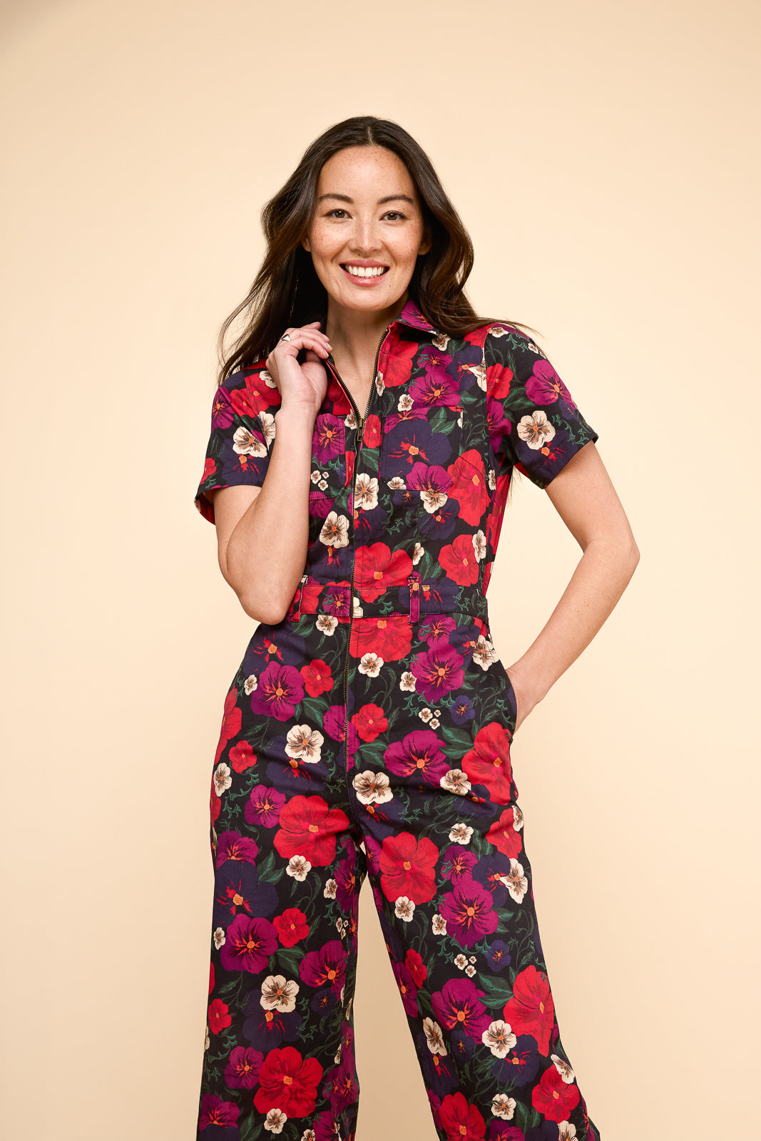 Woman wearing floral jumpsuit